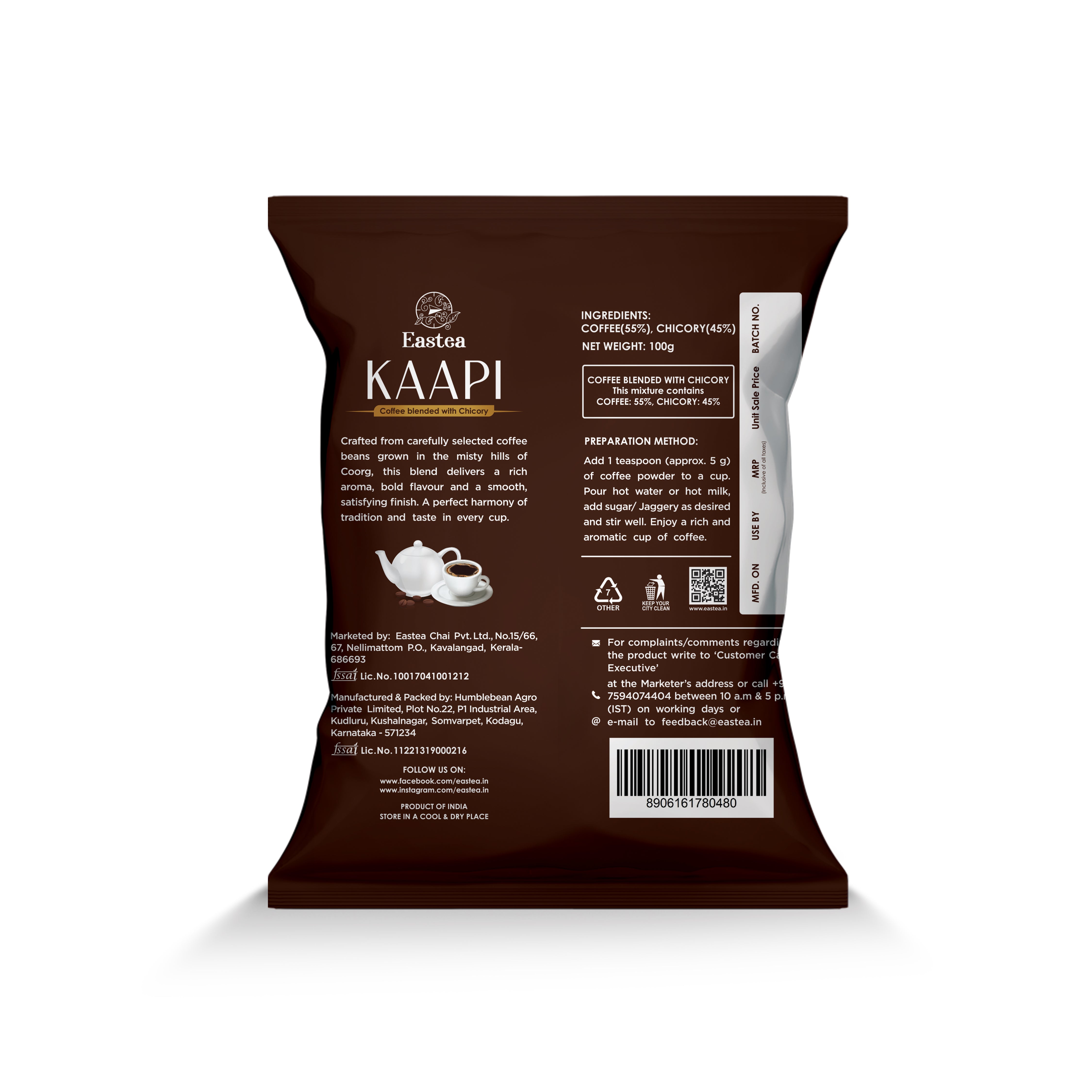 Eastea Kaapi Coffee -  Coffee-Chicory Blend, Bold Flavor Coorg Coffee Pouch 100g