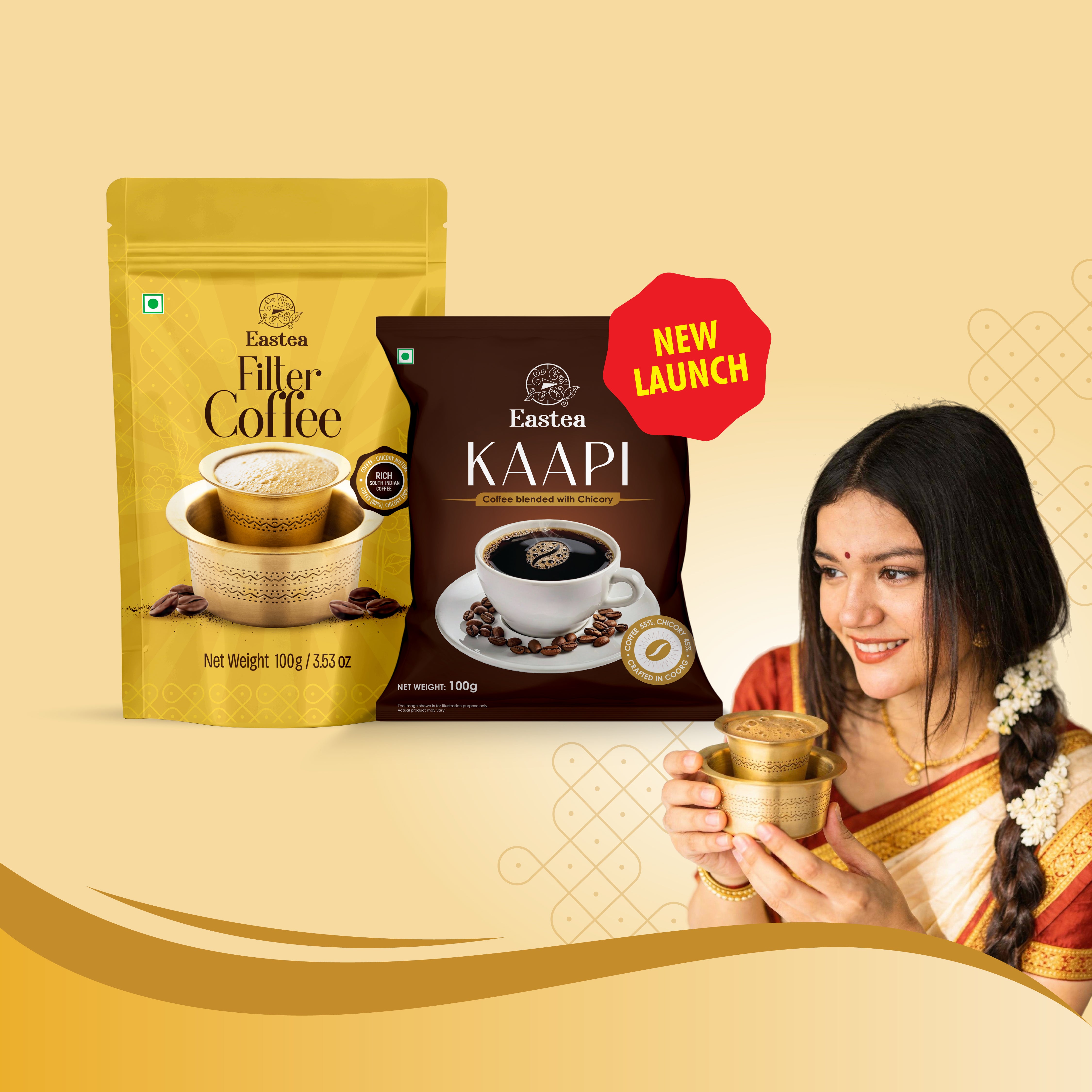 Eastea Kaapi Coffee -  Coffee-Chicory Blend, Bold Flavor Coorg Coffee Pouch 100g